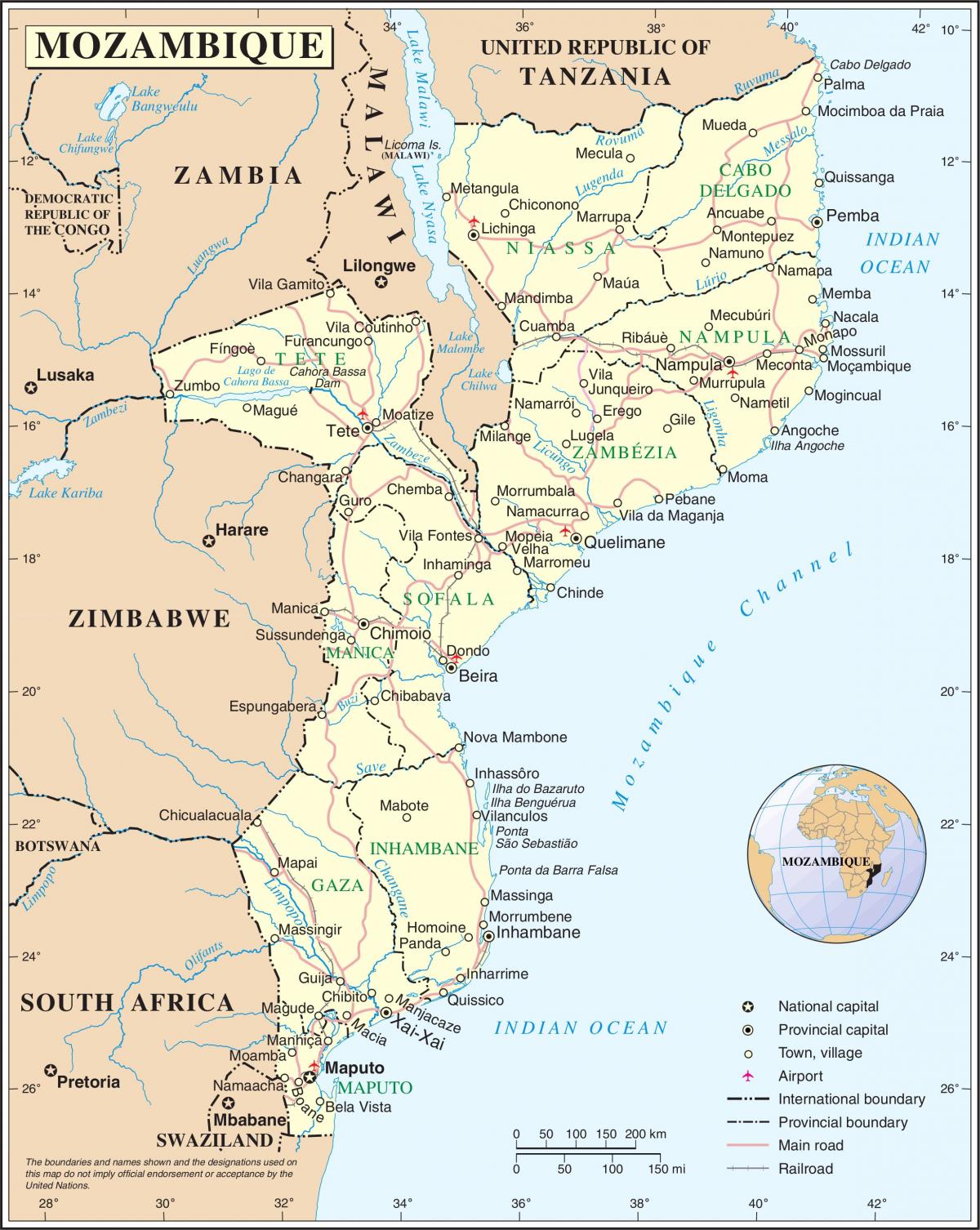 letališčih, v Mozambiku, na zemljevidu